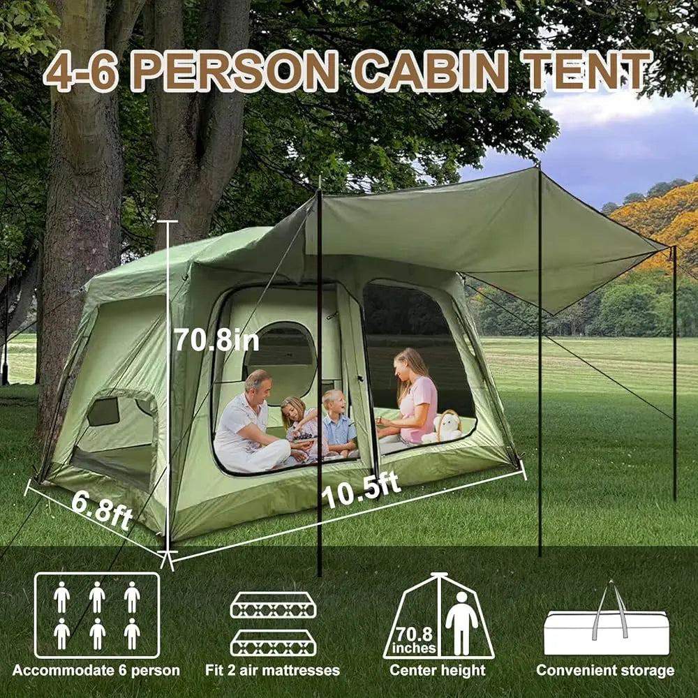 4-6 Person Camping Tent Waterproof, Ventilated Cabin Tents For Camping With Double Door