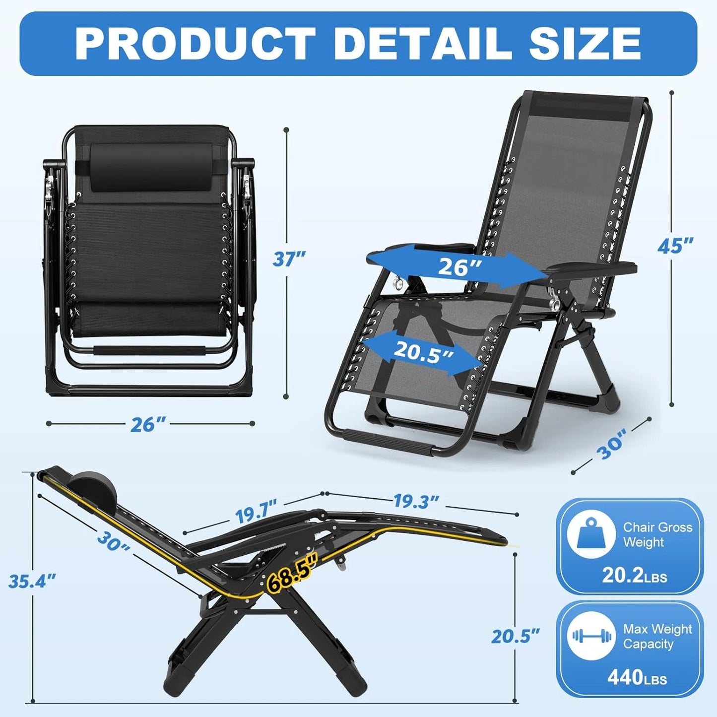 3-in-1 Zero Gravity Folding Lounge Chair, Heavy Duty Steel Frame 500LBS Weight Capacity