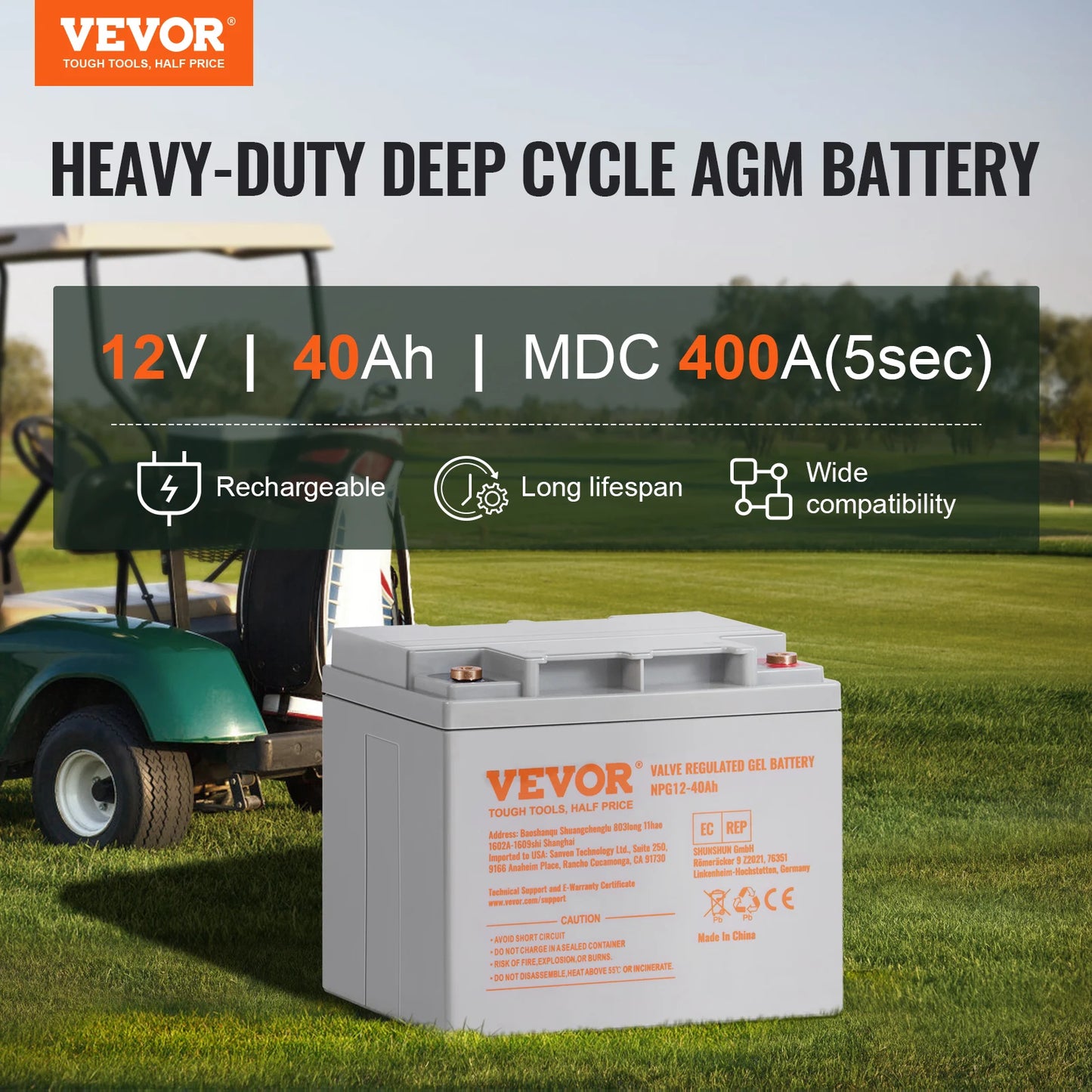 VEVOR Deep Cycle Battery 12V 40/100/200 AH AGM Marine Rechargeable 400A/800A/1400A Discharge Current