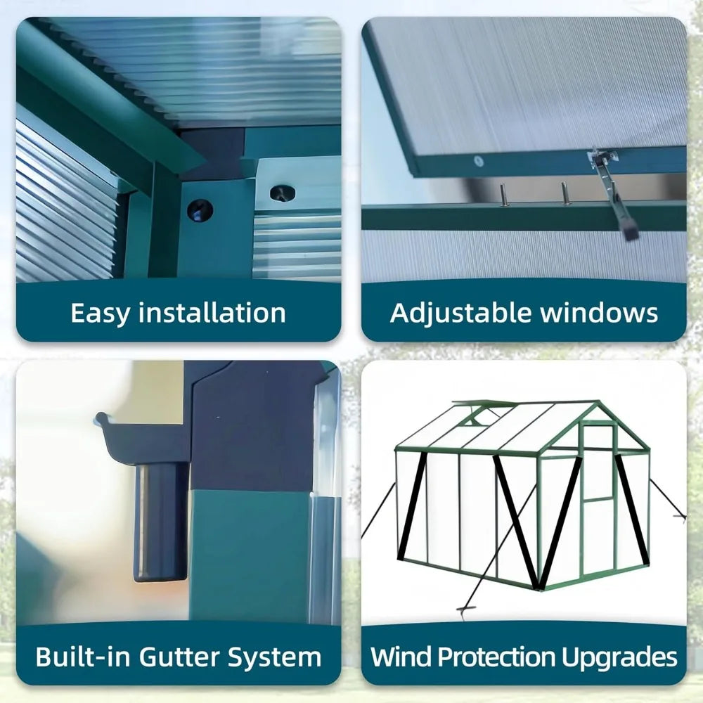 6*4.2*7.2FT Greenhouse for Outdoors, Polycarbonate Greenhouse/Wind Protection and Roof Vent