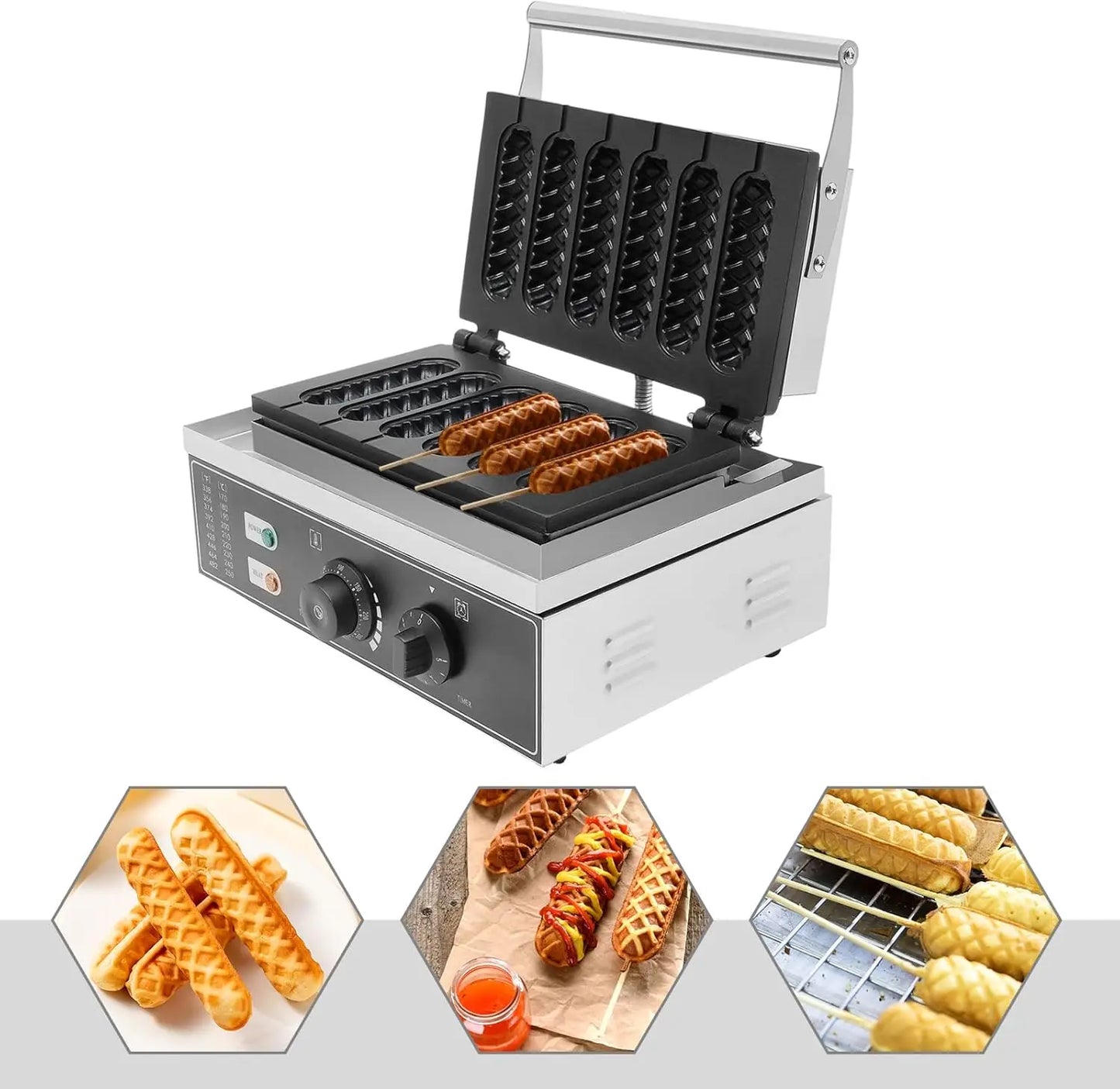 6pcs Hot Dog Waffle Machine,Commercial Nonstick Hot Dog Machine French Muffin Irons Stainless Steel