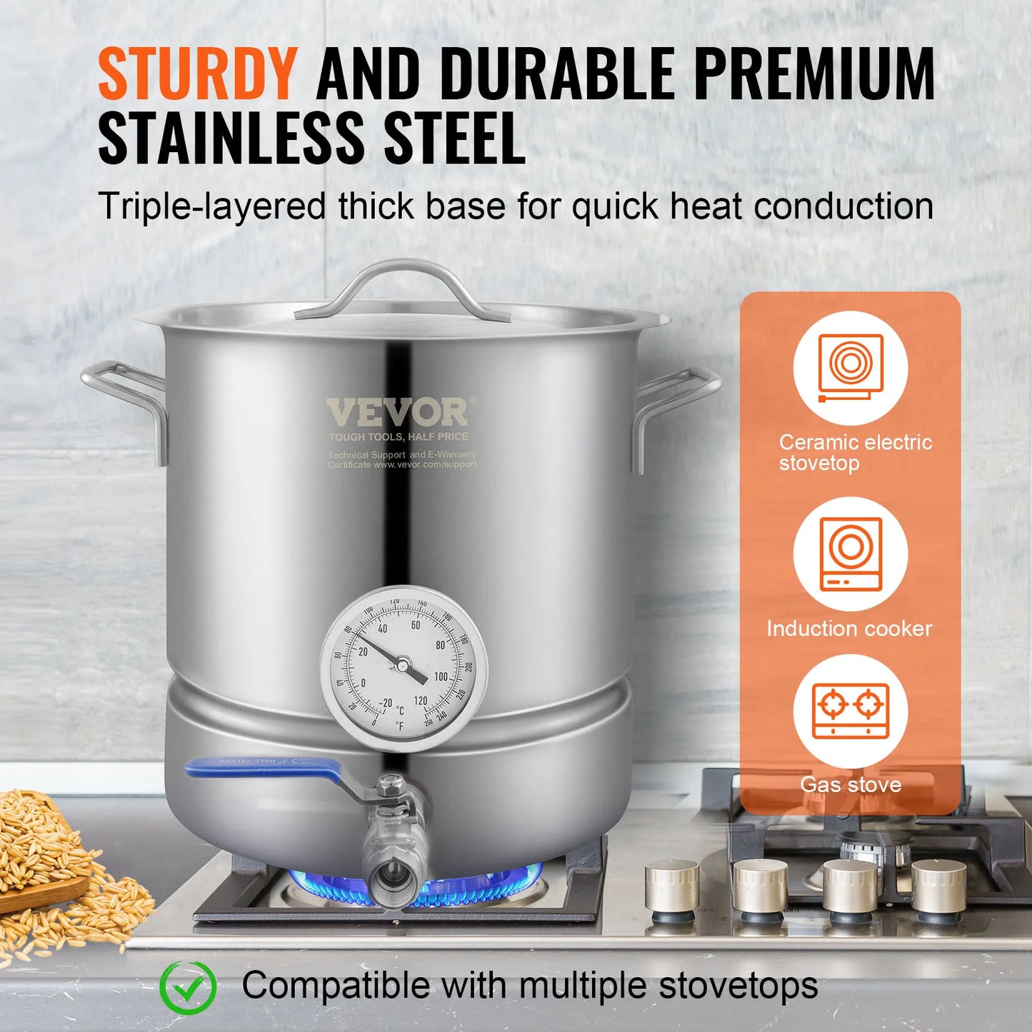 VEVOR Stainless Steel Kettle,5G Brewing Pot,Tri Ply Bottom Beer, Brew Kettle Pot, w/ Thermometer