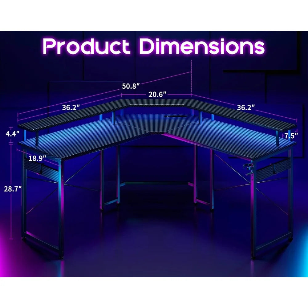 L Shaped Gaming Desk with LED Lights & Power Outlets, 51" Computer Desk with Full Monitor Stand