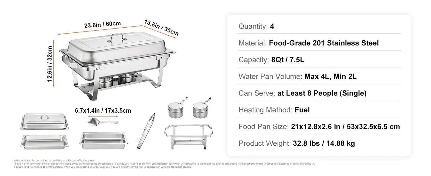 SucceBuy 8QT Chafing Dish 2/4/6 Packs w/ Full Size Pans Buffet Catering Warmer Server Folding Stand