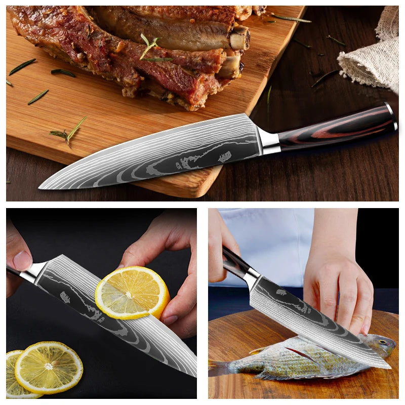 Kitchen Knife Set Damascus Pattern Stainless Steel  Japanese Santoku - My Store