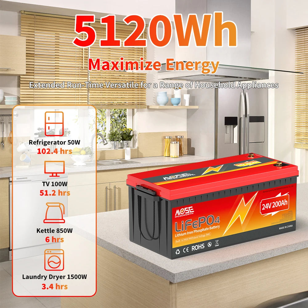 MOSEWORTH 24V 200Ah LiFepo4 Battery Built in 200A BMS Rechargeable Lithium Batteries
