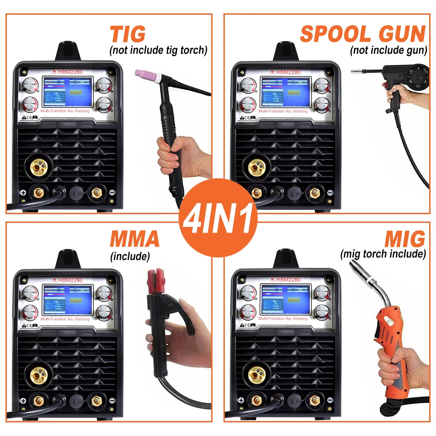 HZXVOGEN 4 In 1 HBM2280 200A Synergy Inverter Welder Gasless Gas MIG Aluminum ARC MMA Tig Tools