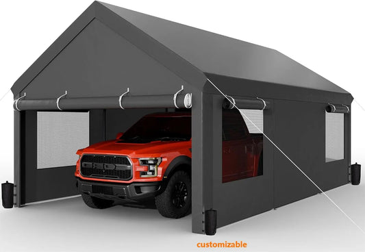 12x20 ft Heavy Duty Carport with Roll-up Windows, Portable Garage with Removable Sidewalls & Door