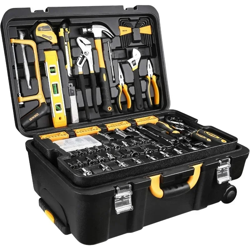 DEKOPRO 258 Piece Tool Kit w/ Rolling Tool Box Socket Wrench ,Mechanic Case Trolley Portable