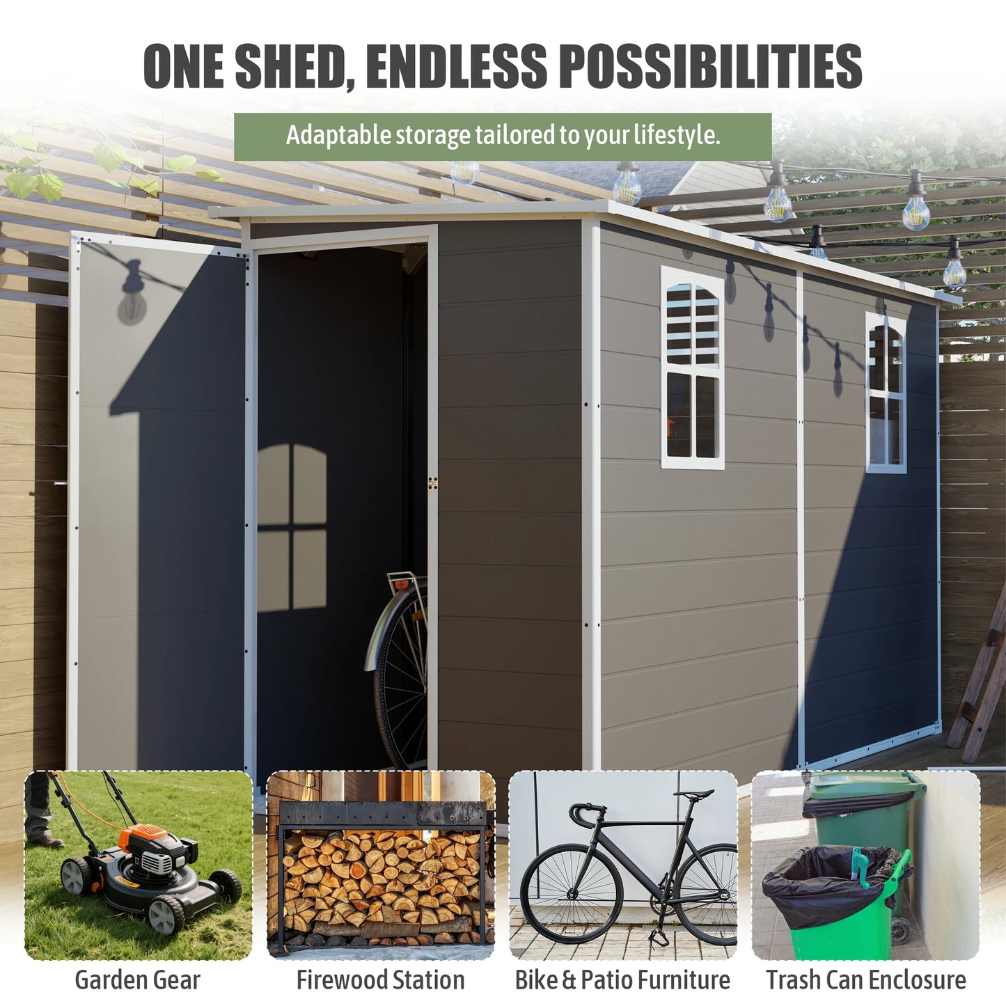 4x10 FT Gray Plastic Outdoor Storage Shed Metal Roof Two Clear Windows for Bicycles Trash Bins