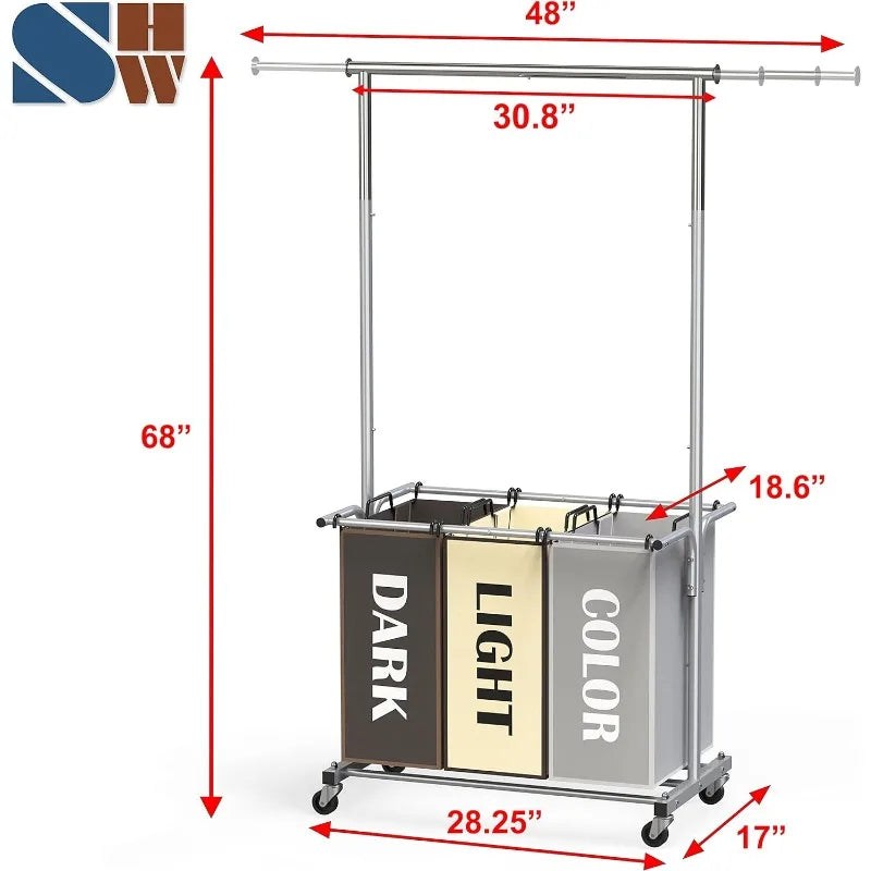 3 Bag Laundry Sorter Rolling Cart w/Garment Rack Hanging Rod, Silver