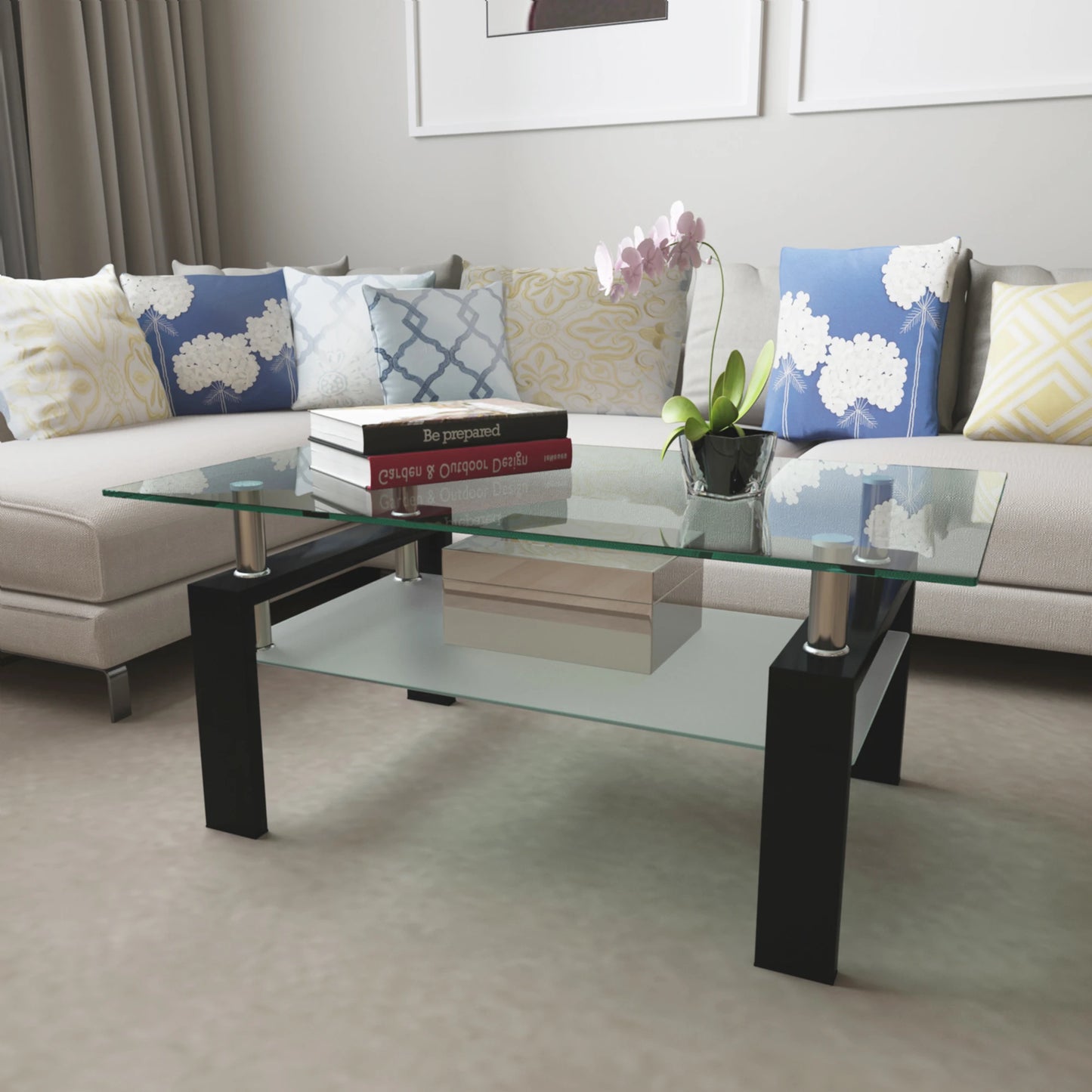 Rectangle Black Glass Coffee Table, Clear Coffee Table, Modern Side Center Tables/Furniture