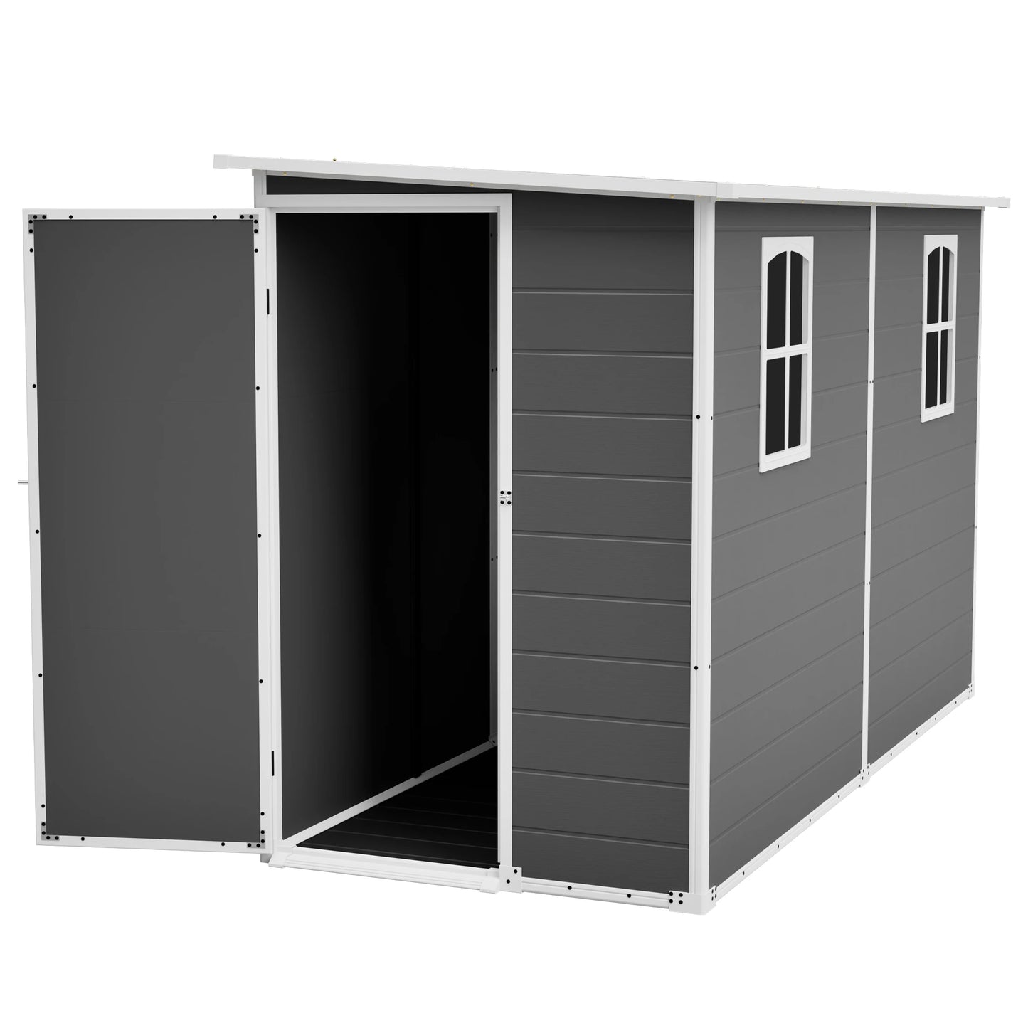 4x10 FT Gray Plastic Outdoor Storage Shed Metal Roof Two Clear Windows for Bicycles Trash Bins