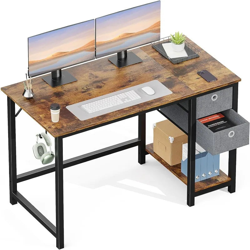 Computer Desk with Drawers 48 Inch Office Bedroom Kids Writing Work Study 2-Tier Storage Drawer