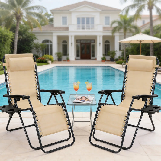 JHK Portable Zero Gravity Recliner Chairs Set of 2 Outdoor Garden Folding Lounge Chair Cup Holder