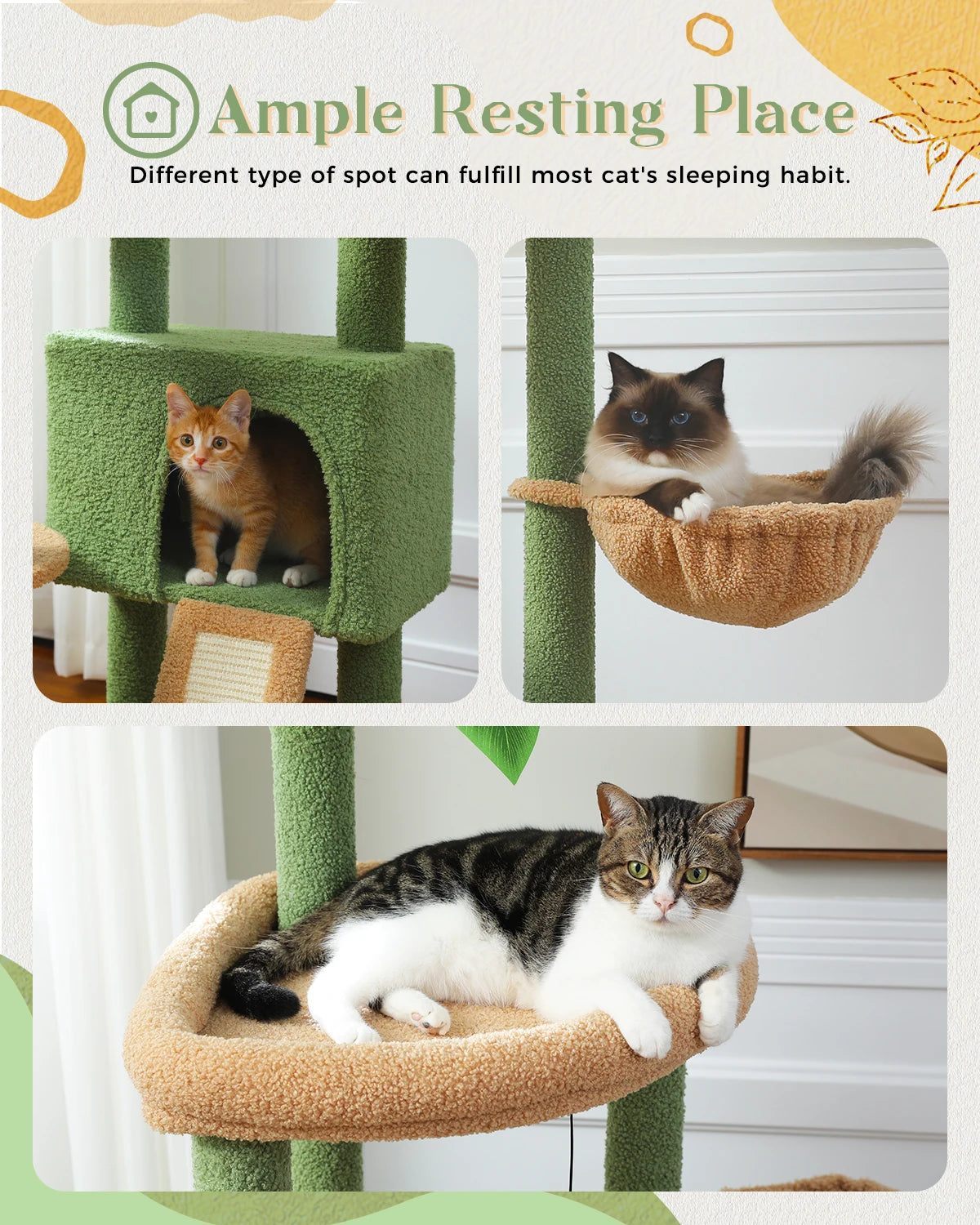 Multi-Level Cat Tree for Indoor Cats, Large Condo, Sisal Scratching Posts, Hammock & Perch