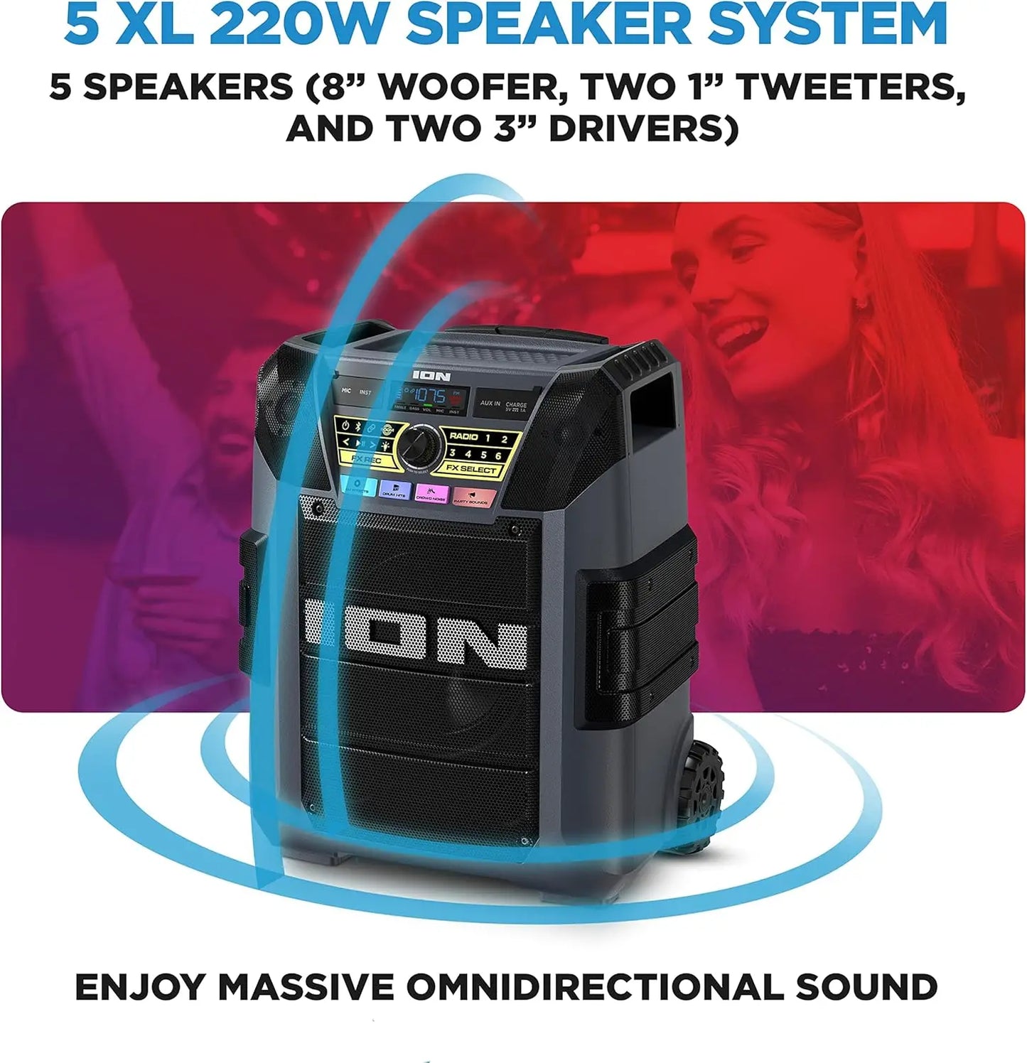 Portable Bluetooth Outdoor Party Speaker, 220W, with Karaoke Microphone, Battery, 5 Speakers, Lights