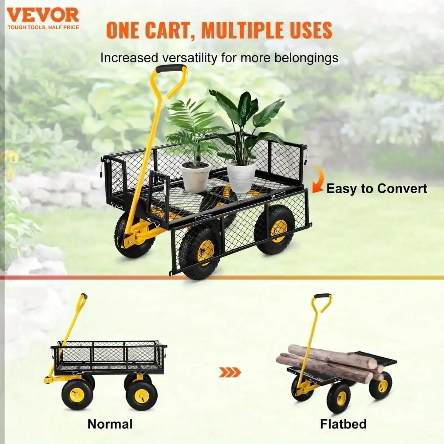 Steel Garden Cart, Heavy Duty 900 lbs Capacity, with Removable Mesh Sides to Convert into Flatbed