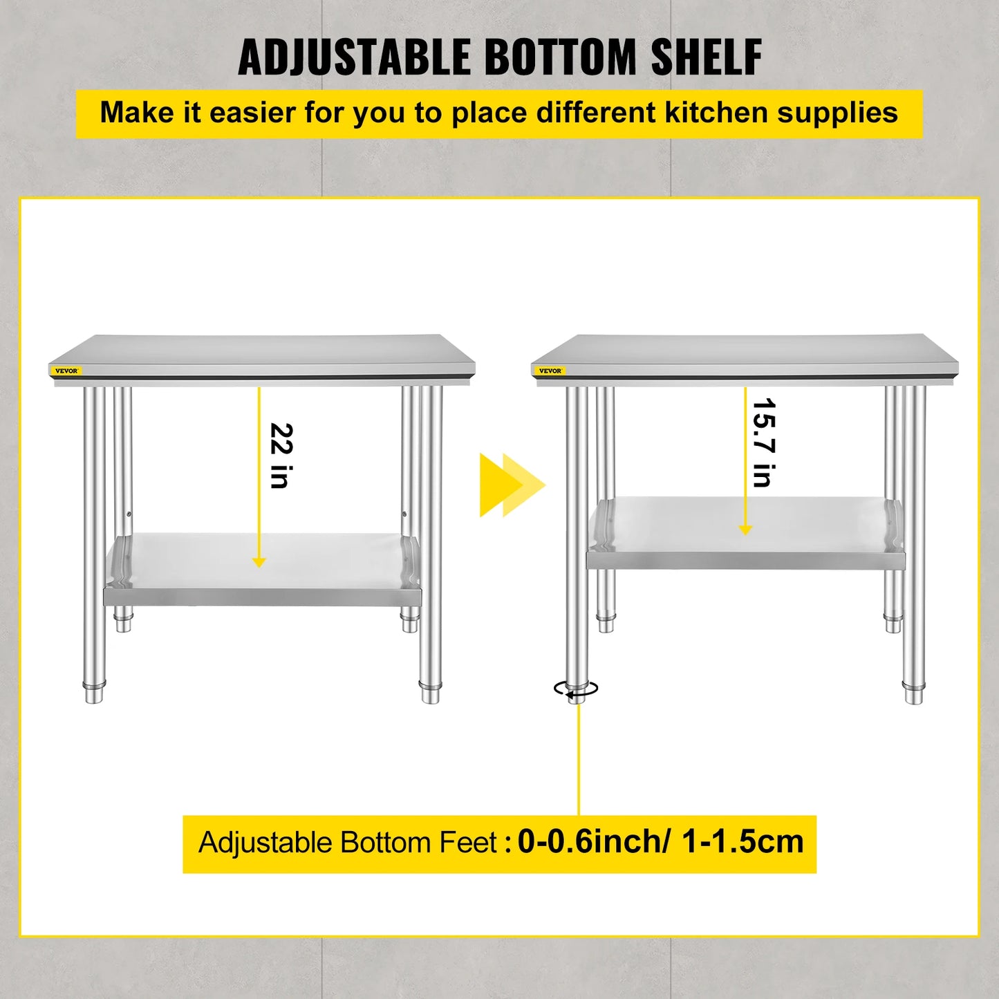 VEVOR Kitchen Work Bench Commercial Catering Worktable w/Undershelf Stainless Steel 330LBS 286LBS