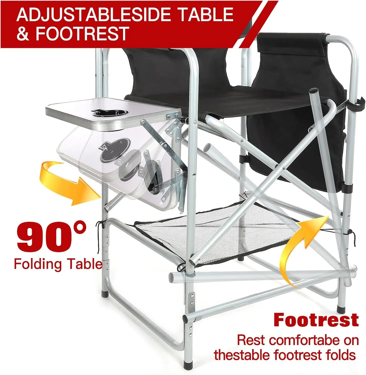 Tall Directors Chair For Makeup Artist Foldable Portable Client Chair With Side Table Cup Holder