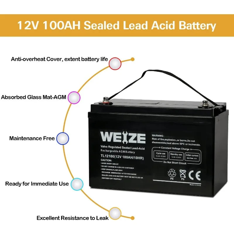 Deep Cycle AGM 12 Volt 100Ah Battery, Maintenance-Free, 3% Self-Discharge Rate, 1150A Max