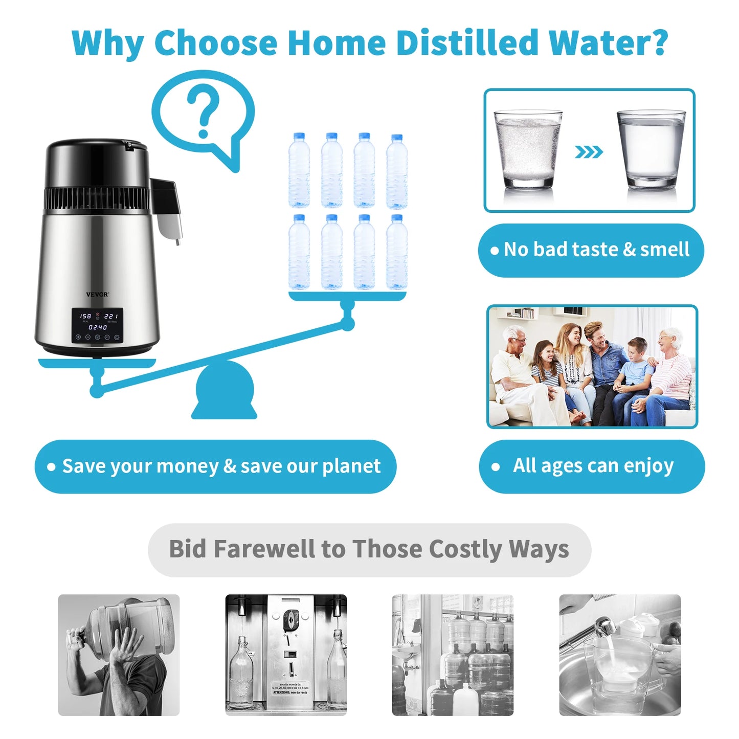 SucceBuy 1.5L/H Distilling Speed 4L Water Distiller Purifier Filter Touch Screen 304 Stainless