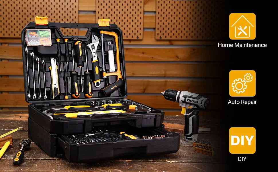 Kit Box Drill Set：Home Mechanic Toolbox with 12V Power Cordless Drill Hand Repair & Storage