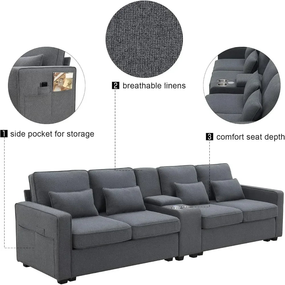 Upholstered Sectional Sofa with Console, 2 Cup Holders & 2 USB Ports & Wirelessly Charged, Modern