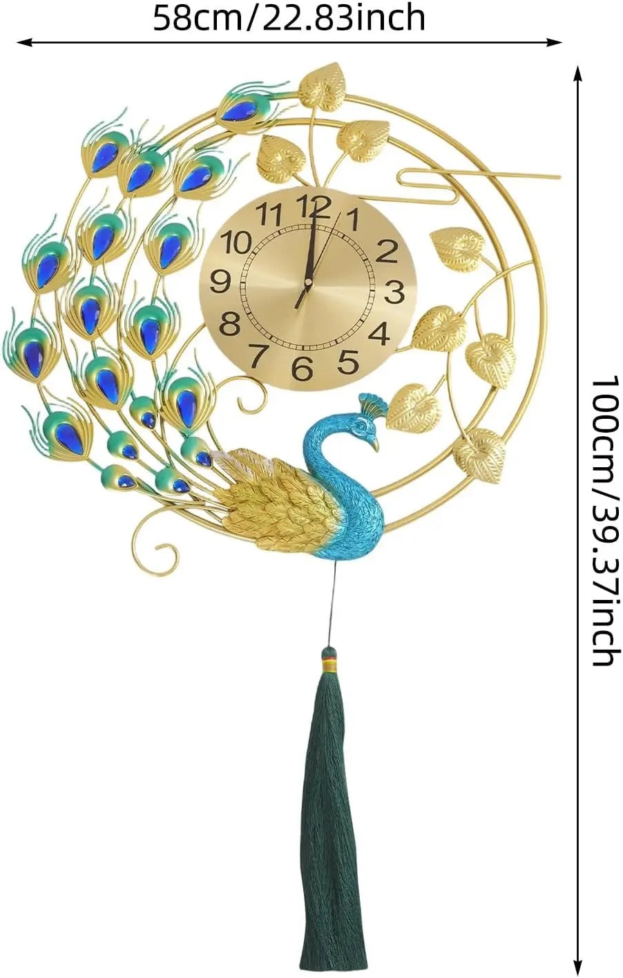 Peacock Wall Clock 39X23 Inch Silent Quartz Movement, Non-Ticking, Durable Metal Decorative Wall Art