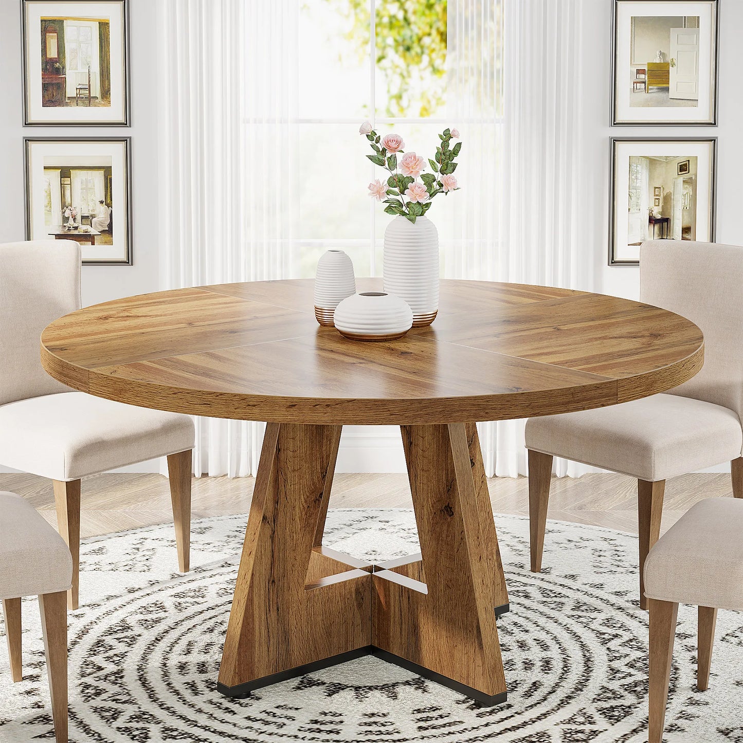 Tribesigns Round Dining Table for 4, 47 Inch Farmhouse Small Dinner Table Kitchen for Dining Room