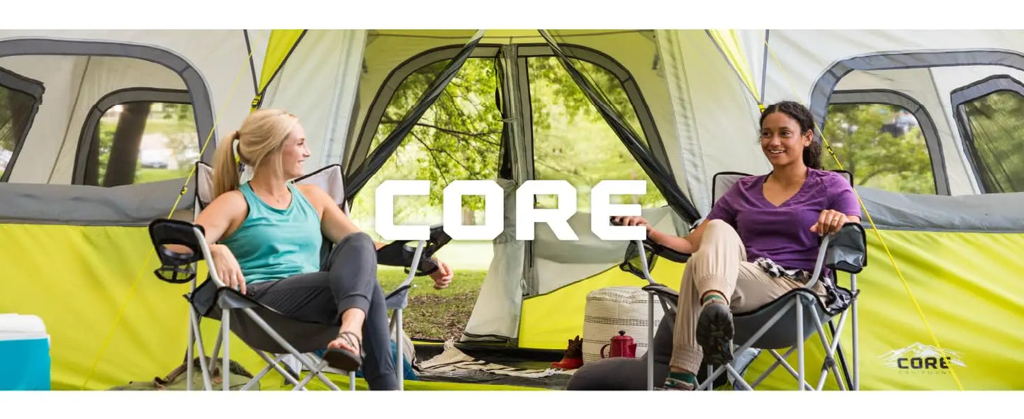 CORE 12-person instant cabin tent with 3 rooms and storage pockets, portable and sets up in 2 min