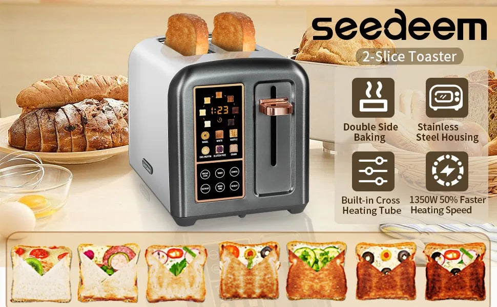 Toaster 2 Slice, Stainless Toaster LCD Display&Touch Buttons, 50% Faster Heating Speed, 1.5''Wide Slot, 1350W, Dark Metallic