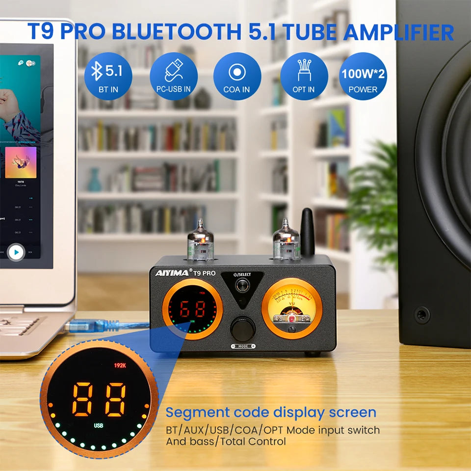 AIYIMA Audio T9 Pro Stereo Vacuum Tube Amplifier Bluetooth 5.1 QCC3031 Aptx USB DAC COAX OPT HiFi Home Digital Amp VU Meter 100w