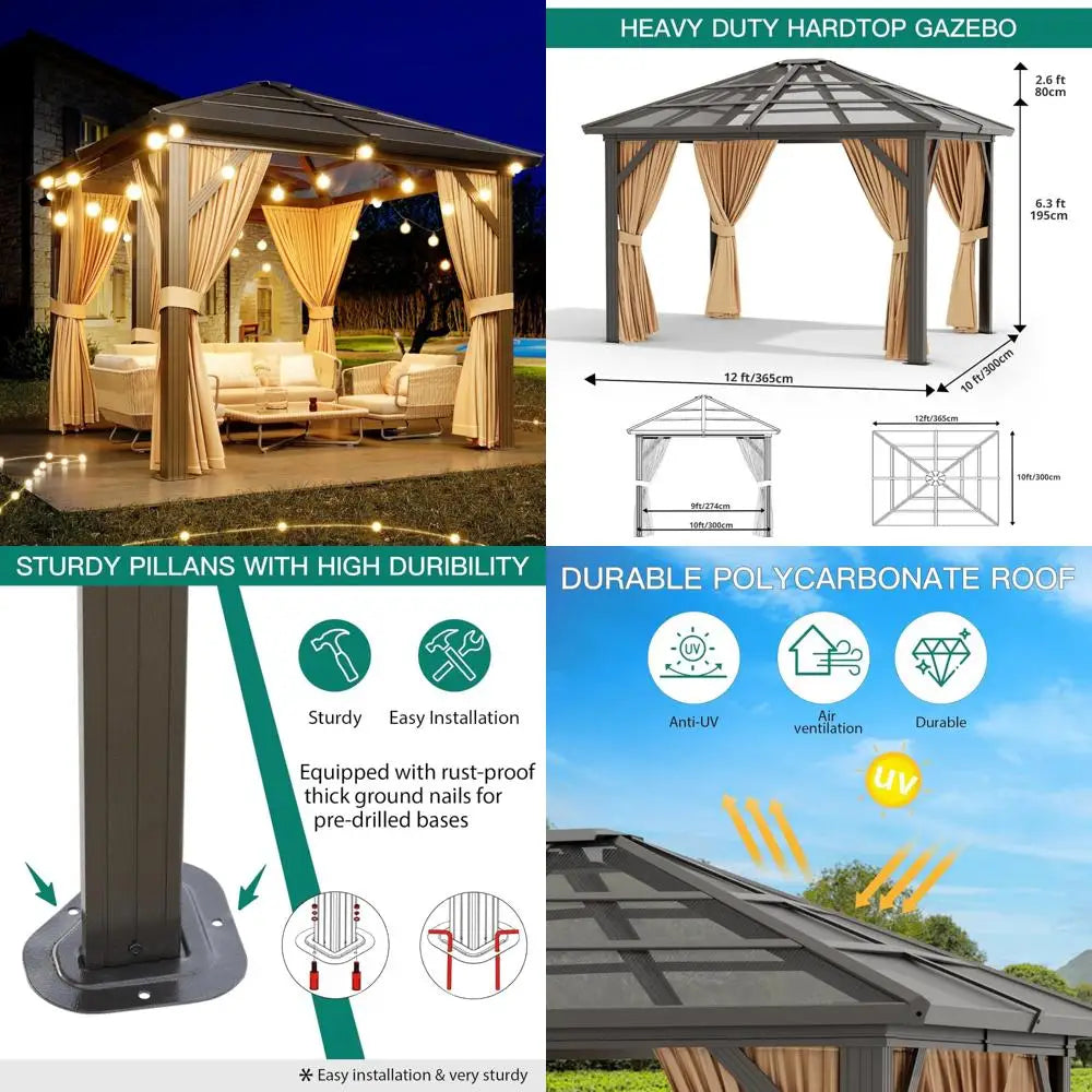Aluminum Framed Pavilion w/Double Polycarbonate Roof, Curtains, and Netting for 10x12 Gazebo