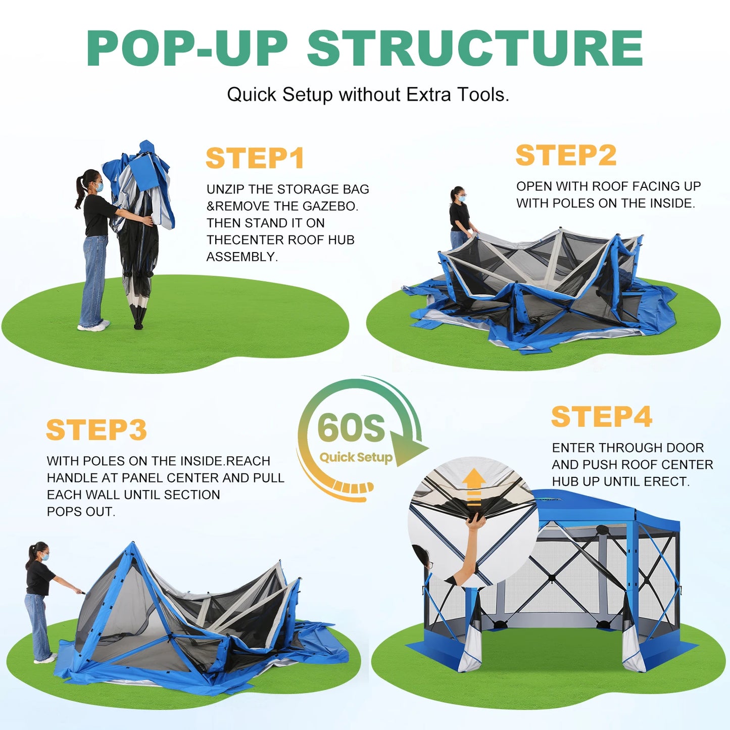 Pop Up Gazebo 12'x12' 6-Sided Screen House Tent for Camping, Instant Stargazing Gazebo Canopy