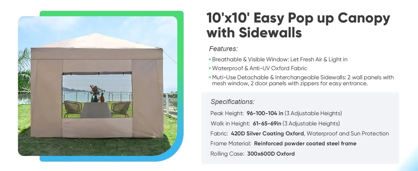 10'x10' Pop up Canopy Tent w/ Sidewalls, Enclosed Instant Outdoor Gazebo Shelter/ Waterproof