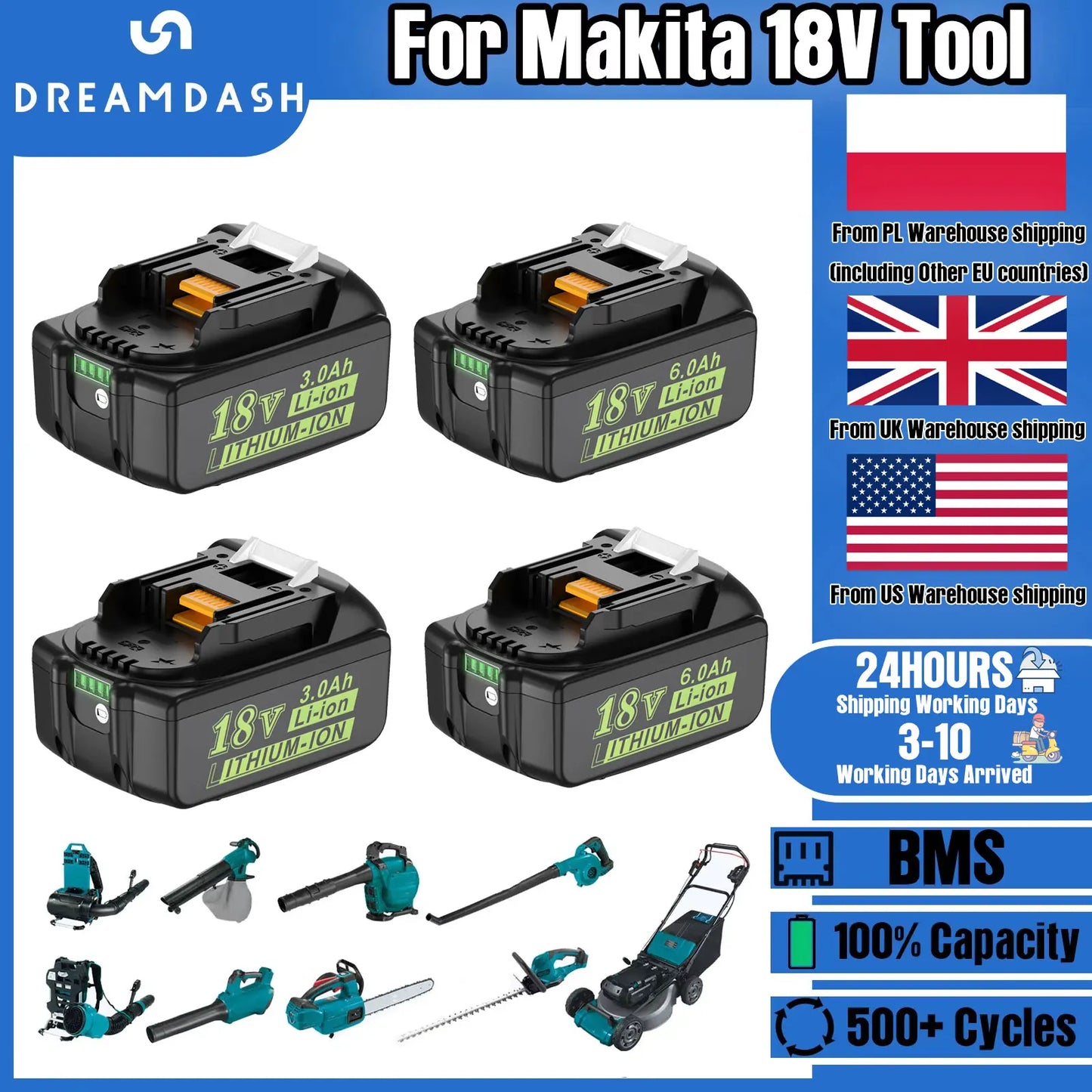 Dreamdash/Makita 18V Battery 6Ah Rechargeable Power Tools Battery 18V LED Li-ion BL1860B BL1830