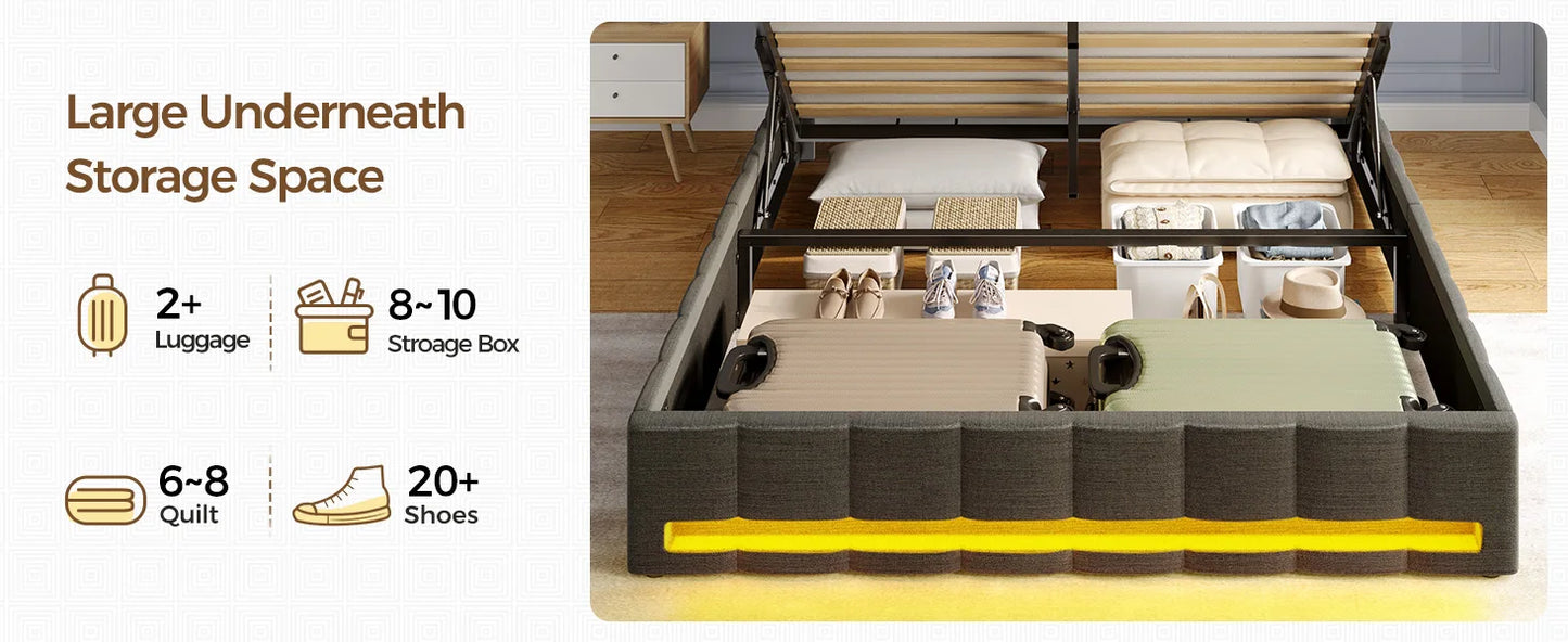 Rolanstar Bed Frame Queen Size, Lift Up Storage, Charging Station, LED Lights, Upholstered Headboard