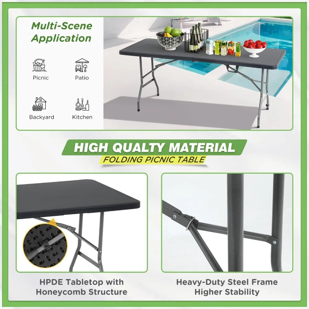 6 FT Folding Camping Table Heavy Duty Plastic Portable Square Dining Table