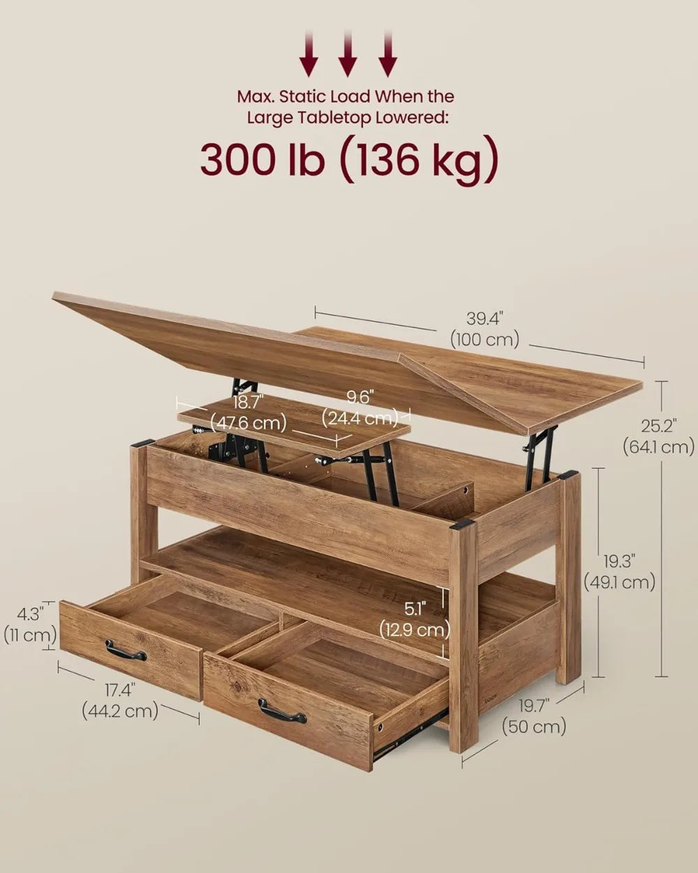 Lift Top Coffee Table with Storage, Gas Spring, Drawers & Hidden Compartments for Living Room