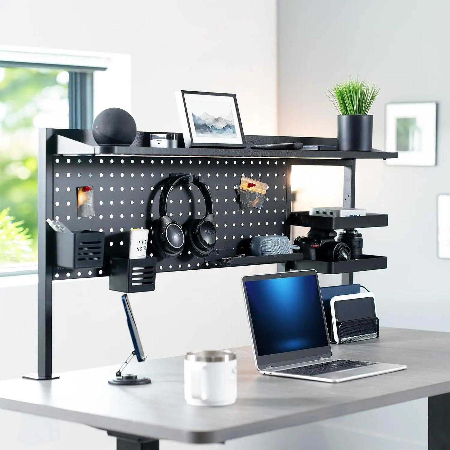 Steel Clamp On Desk Pegboard System, Multi Purpose Office Organizer Rack,  Workspace Storage Shelf