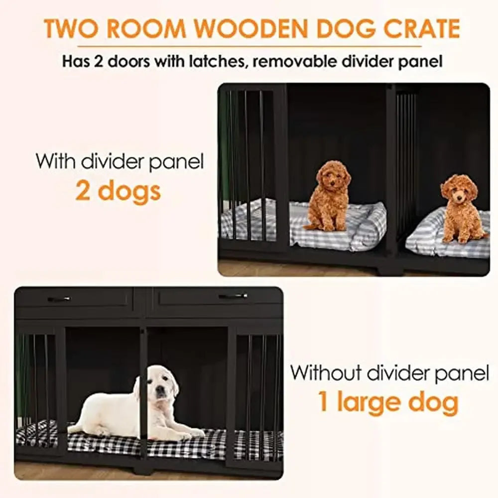 Wooden Dog Crate Double Room Divider Kennel TV Stand Storage Drawers Easy Assembly Indoor Furniture