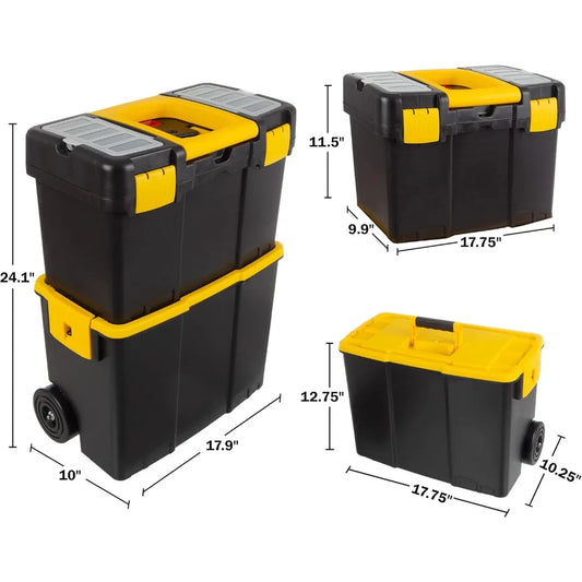Portable Tool Box with Wheels - w/Fold-Down Comfort Handles, Removable Storage Trays, Black/Yellow