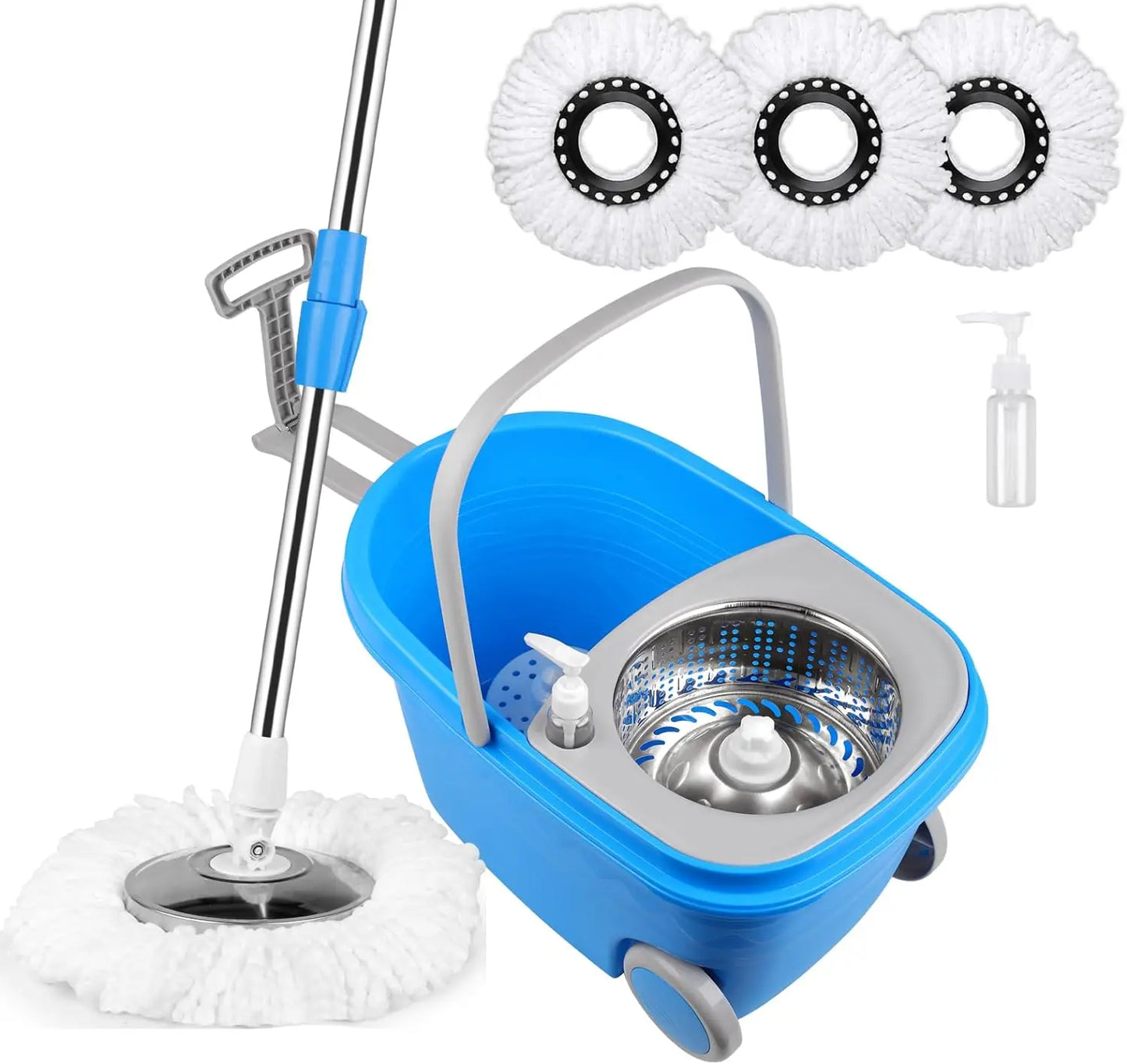 Blue Spin Mop Bucket Sets 360° Spinning Cleaning Tools w/3 Microfiber Replacement Heads, 61" Handle