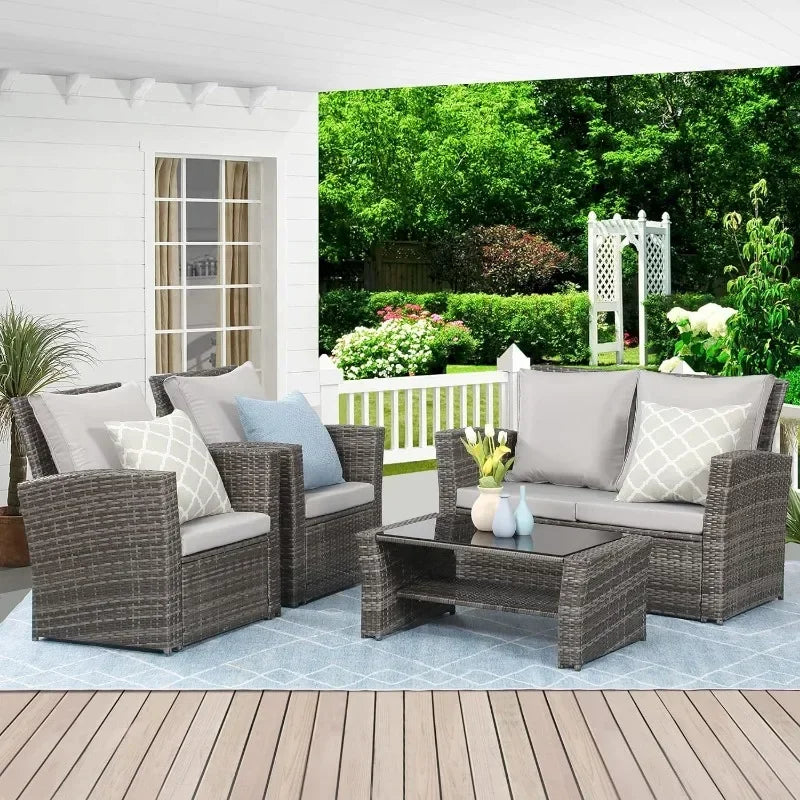 Lane 4 Piece Outdoor Patio Furniture Sets, Wicker Conversation Set for Porch Deck, Gray Rattan