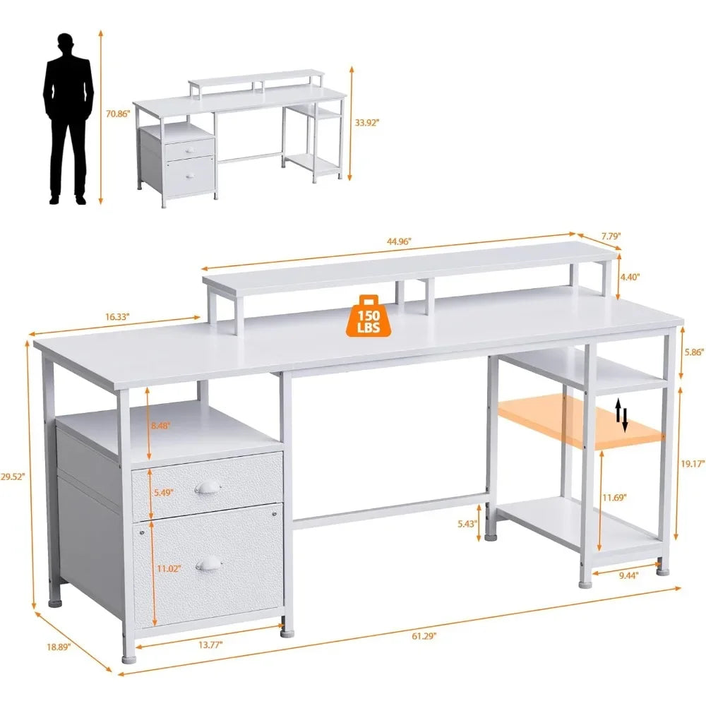 61" Computer Desk W/ Fabric File Cabinet & Drawer, Home/Office/Bedroom Gaming Table