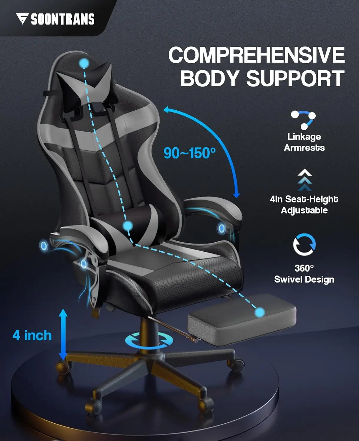 Grey Gaming Chairs with Footrest,Ergonomic Computer Game Chair, Gamer Chair with Lumbar Pillow