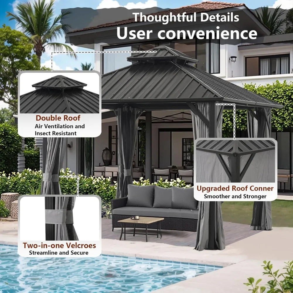 12x12FT Outdoor Hardtop Gazebo w/Double Roof, Mosquito Netting & Curtains - Heavy Duty Steel Frame
