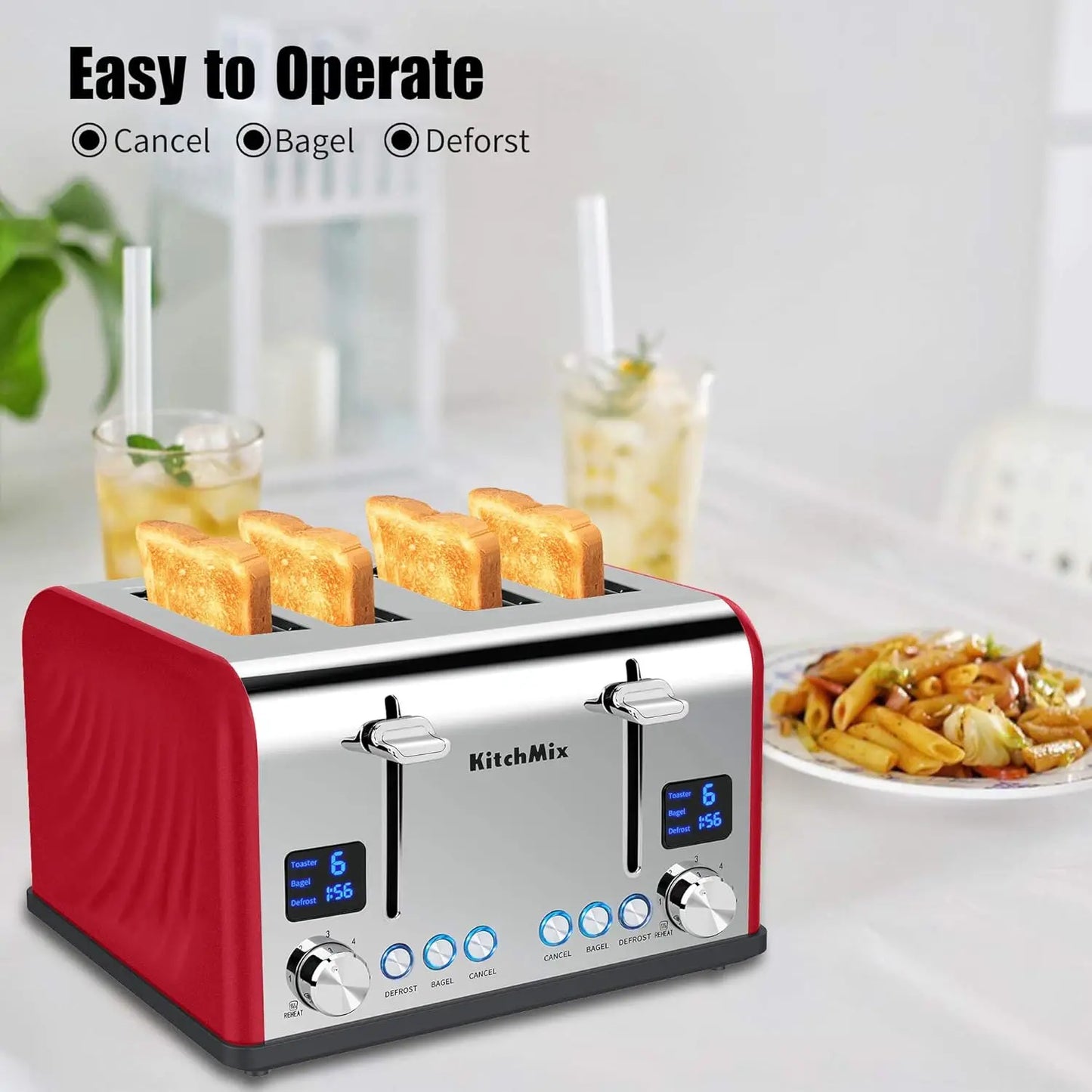 4 Slice, Kitch Mix Stainless Toaster w/ LCD Timer, Extra Wide Slots, Dual Screen, Removal Tray (Red)