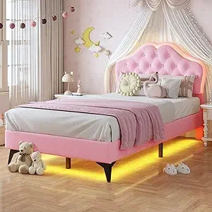 Twin Size Girl Bed with Storage Drawer & LED Lights,Adjustable Headboard with Velvet Crystal Button